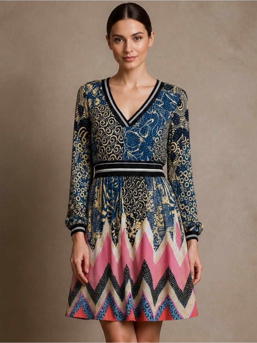 Maeve Anthropologie Sz 10 Dress with Pockets Multi Color Sporty Chevron